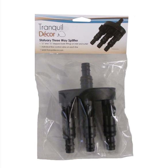 TD Fountain 3 way Splitter - 1/2" & 3/4" barb inlet with 3 valved 1/2" & 3/4" barb outlets